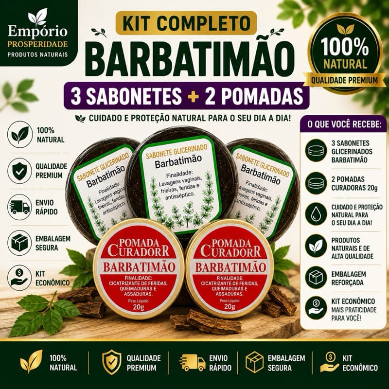 Kit 3 Sabonetes Glicerinados Barbatimão + 2 Pomadas Barbatimão 20g Produto Natural | Envio Rápido