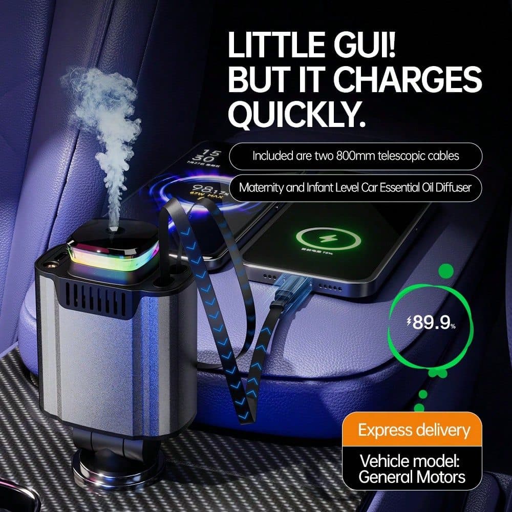 Carregador rápido multifuncional para carro de aromaterapia de 120 W vem com cabo de carregamento rápido retrátil duplo 