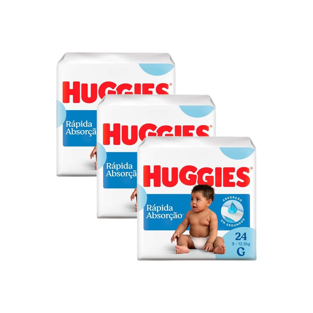 Kit 3 Fralda Huggies Rápida Absorção Tamanho G Pacote Jumbo 24 Unidades Descartáveis