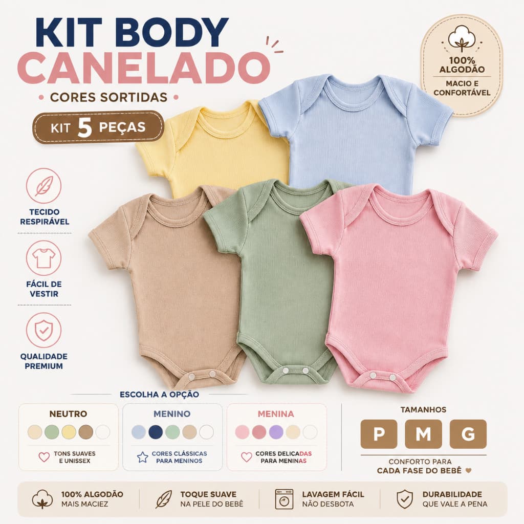Kit Body Bebê Manga Curta Canelado 100% Algodão Menino Menina Unissex Enxoval Infantil