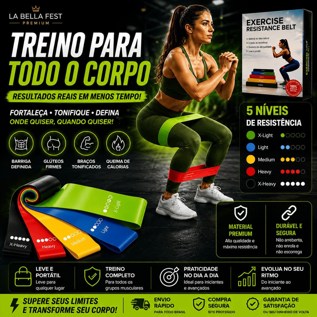 Kit 5 Banda Faixa Elástica de Resistência Band para Treino Yoga Pilates Treino Calistenia Musculação