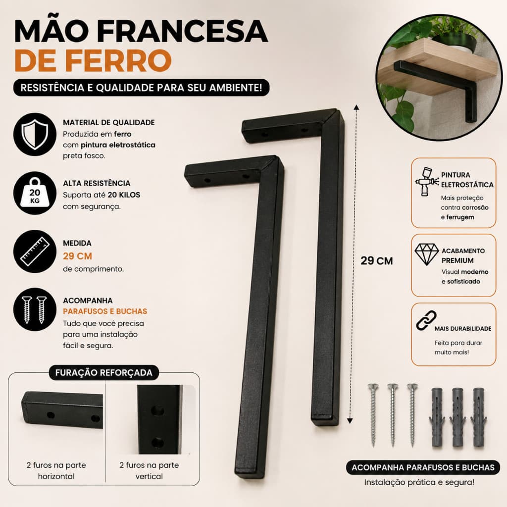 Mão Francesa Reforçada de Ferro 29cm para Prateleira Pia Bancada Suporte Preto de Parede