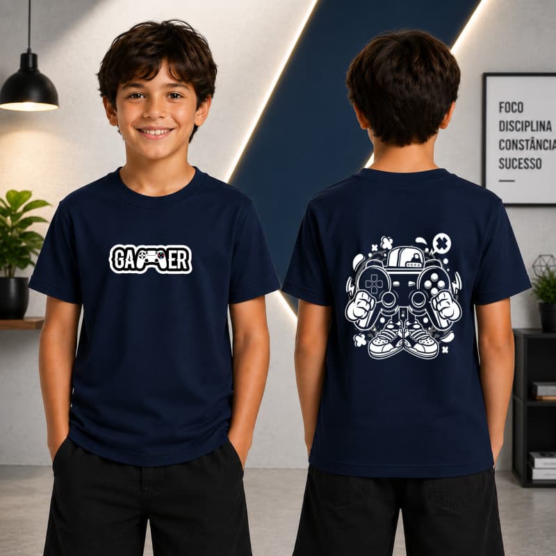 Camiseta Gamer Infantil Juvenil, Blusa Estampa Controle Frente e Costas ,Camiseta Videogame Kids