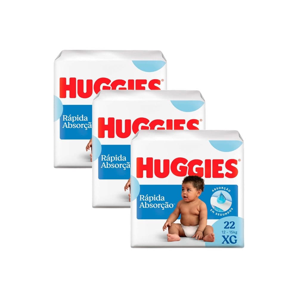 Kit 3 Fralda Huggies Rápida Absorção Tamanho XG Pacote Jumbo 22 Unidades Descartáveis
