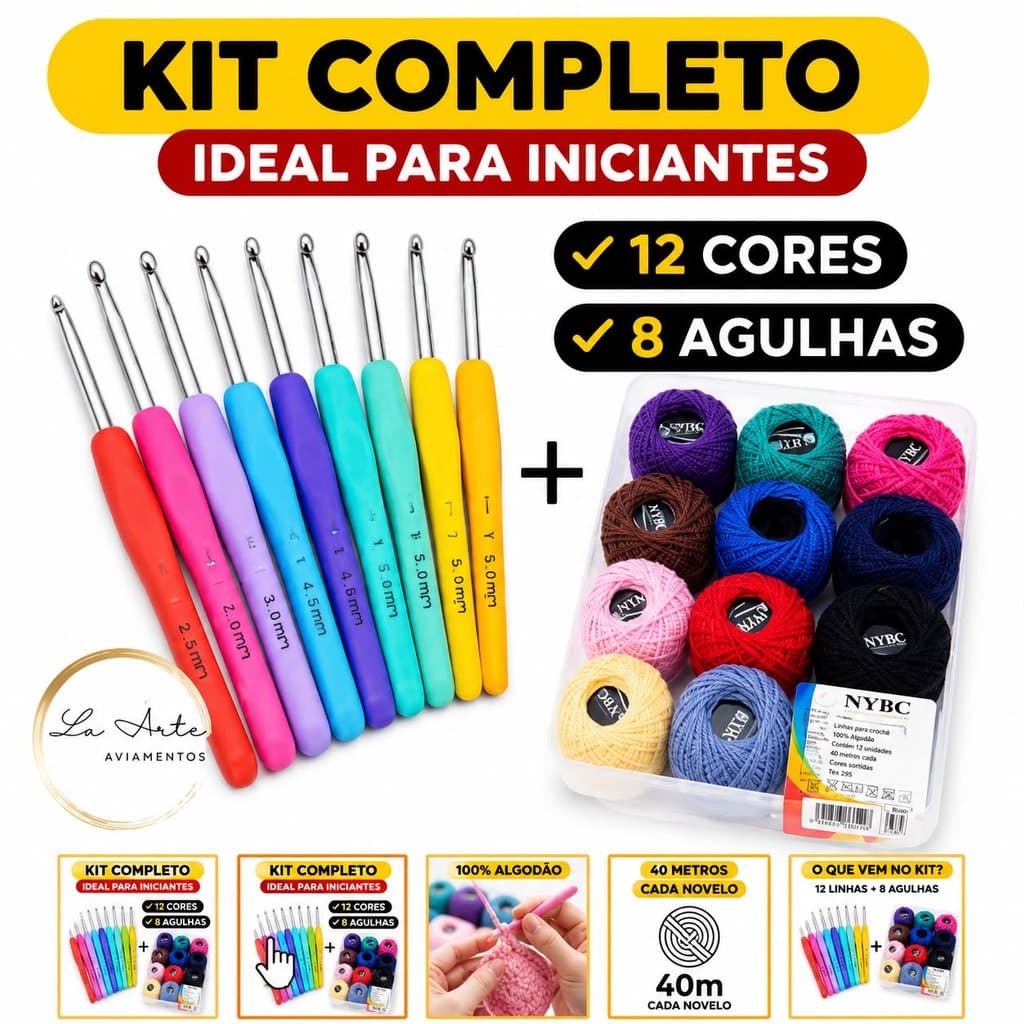 Kit Crochê Completo 12 Cores + 8 Agulhas Ergonômicas NYBC para Amigurumi e Artesanato