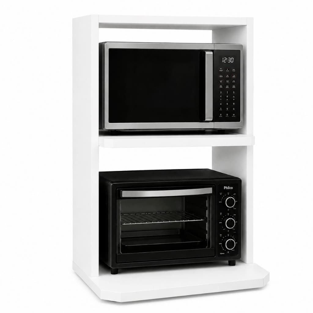 Nicho Microondas Branco Com Suporte MDF Para Parede Air Fryer Forno Eletrico E Prateleira Superior