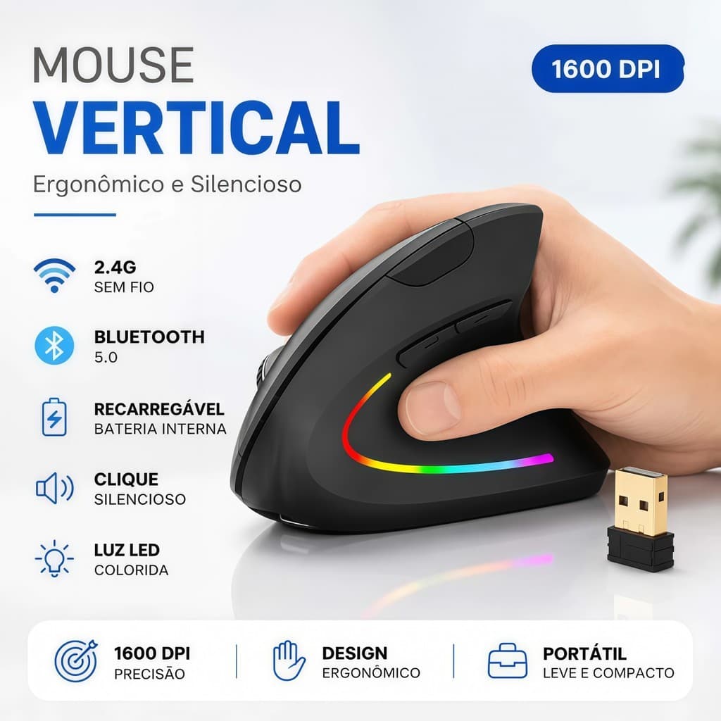 Mouse Gamer Vertical Sem Fio 1600 DPI, 2.4G USB com Design Ergonômico, Ideal para Jogos e Trabalho.