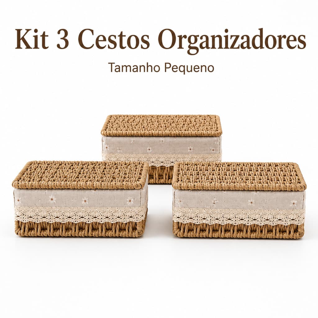 Kit 3 Cestos Organizadores Pequeno com Tampa Forro Caixa Multiuso para Banheiro Quarto Cozinha e Decoração Papel Bambu