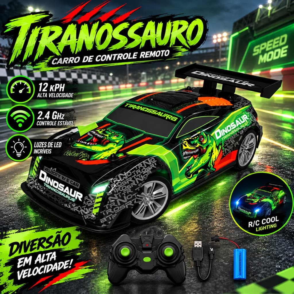 Brinquedo Carrinho Tiranossauro com Luz e Controle Remoto