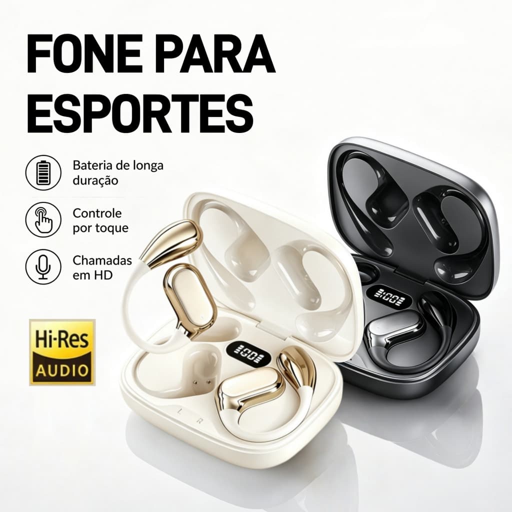 Fones de ouvido Bluetooth de condução óssea, com clipe, confortáveis, esportivos e com cancelamento de ruído