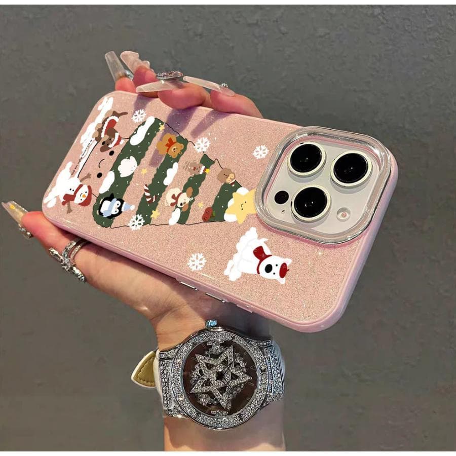 Capinha Para iPhone 18 17 Air 16 15 14 Plus 13 12 11 Pro Max  Capa de celular rosa glitter com árvore de natal