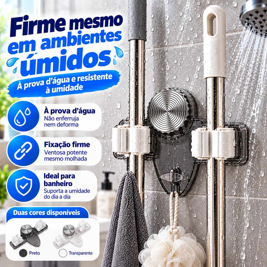 Suporte para Vassouras de Parede Sem Furo com Ventosa Organizador Multiuso para Banheiro e Cozinha