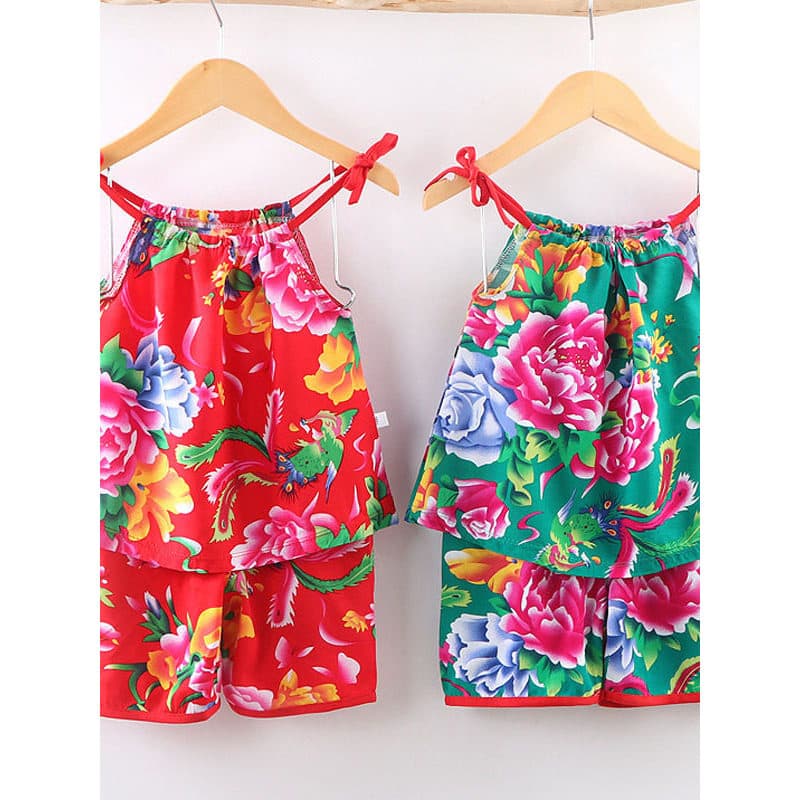 Meninas algodão seda roupas de verão bebê menina algodão seda exterior Wear nordeste grande flor bebê dividir roupas de 