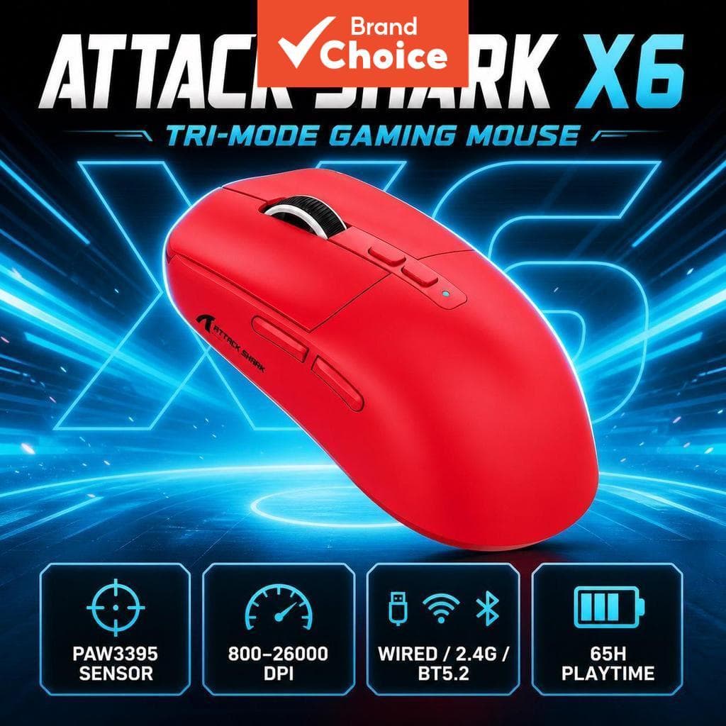 Mouse Gaming Sem Fio Attack Shark X6 PAW3395 Tri-Modo 800-26000 DPI, 650IPS 50G, Com Fio 2.4G Bluetooth 5.2, Taxa de