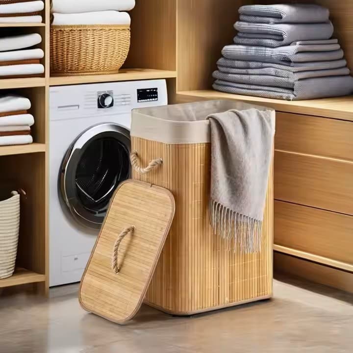 Cesto de roupa suja de bambu forro dobrável cesta de armazenamento de banheiro cesta retangular grande de 70 cm