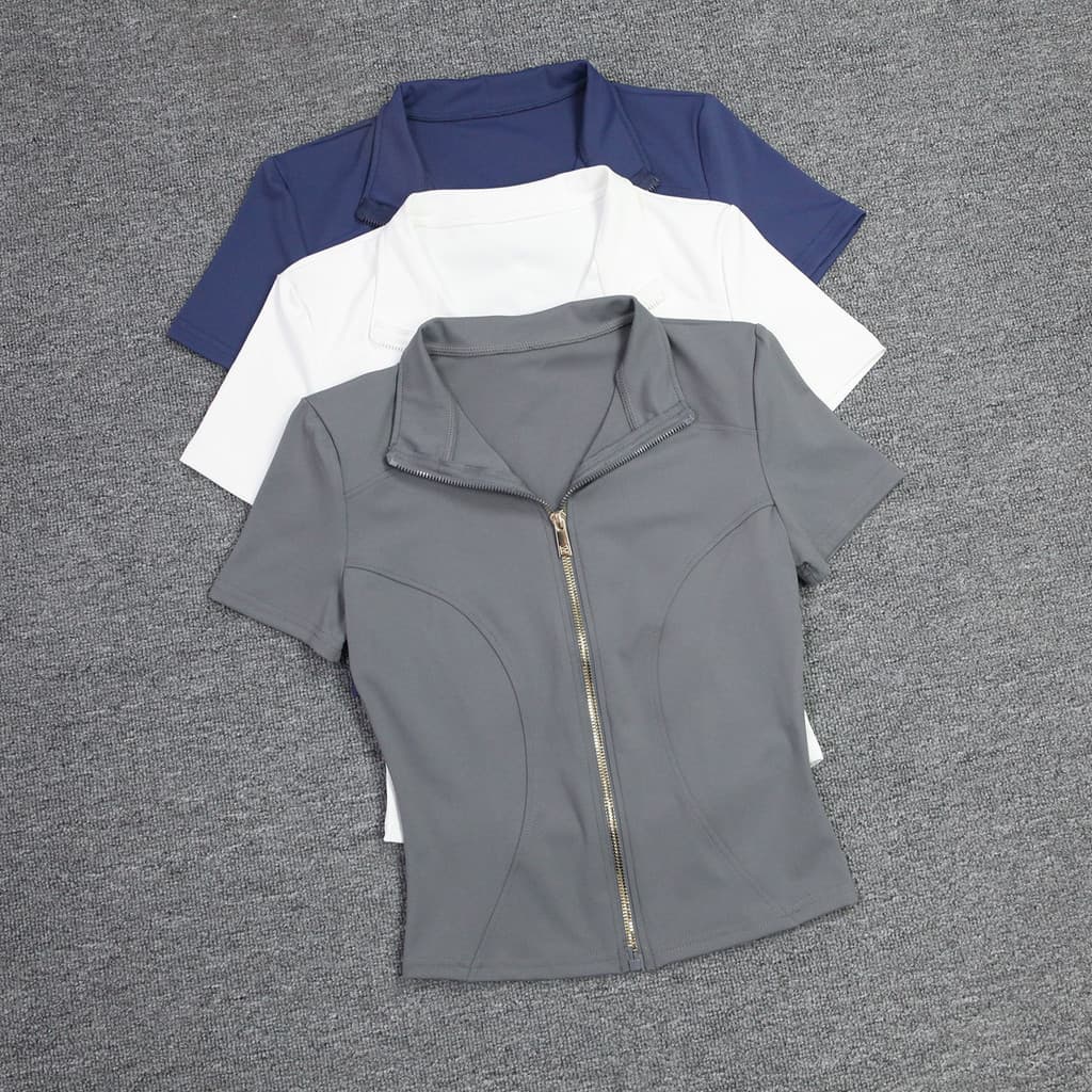 Roupas de Yoga femininas de manga curta gola alta zíper topo Pilates roupas de Fitness apertado de secagem rápida