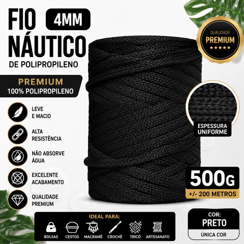 Fio Náutico Preto 4mm 500g 100% Polipropileno | Barbante Premium para Crochê, Bolsas, Cestos, Sousplat e Macramê