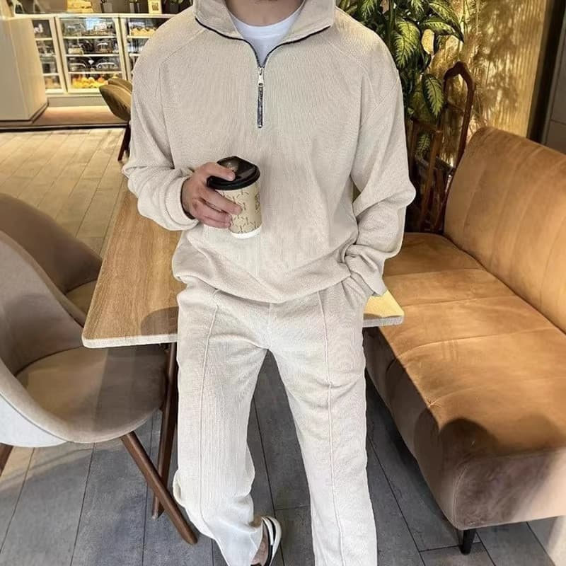 [Venda quente] Conjunto Casual masculino meio zíper gola alta moletom + moletom com cordão dois conjuntos [envio rápido