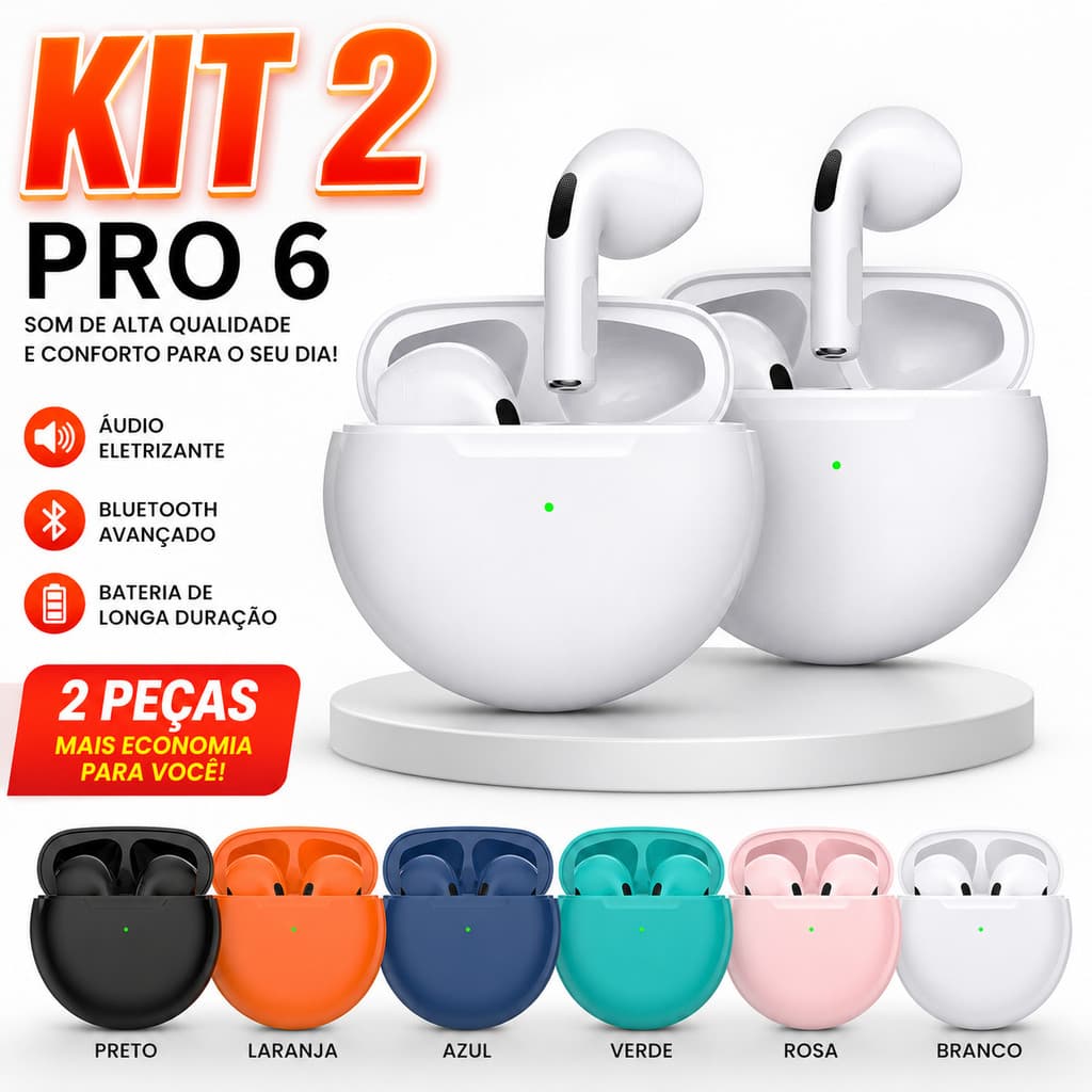 KIT 2 Air Pro 6 TWS Fones de ouvido Bluetooth sem fio Fones de ouvido esportivos