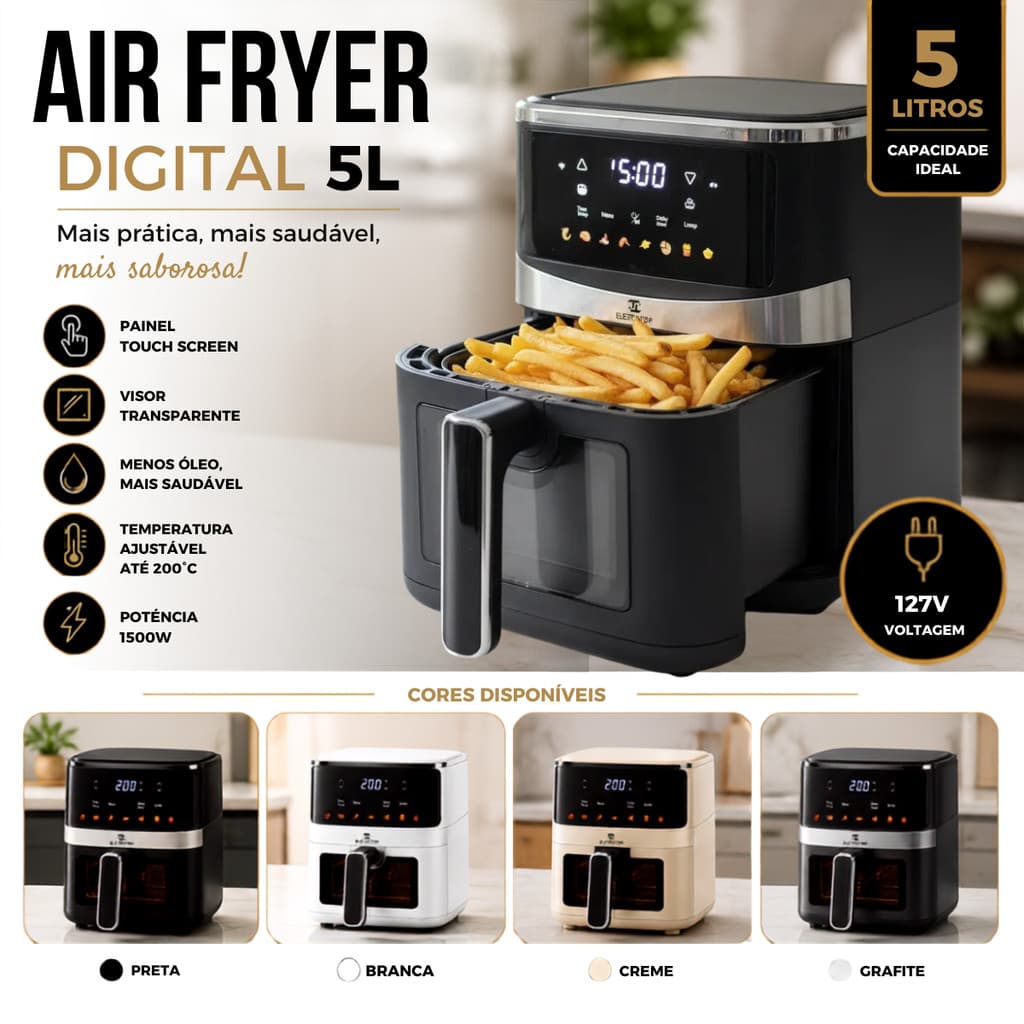 Fritadeira Sem Óleo Air Fryer Digital 5L 1500W Touch Screen Visor Transparente 127V Premium