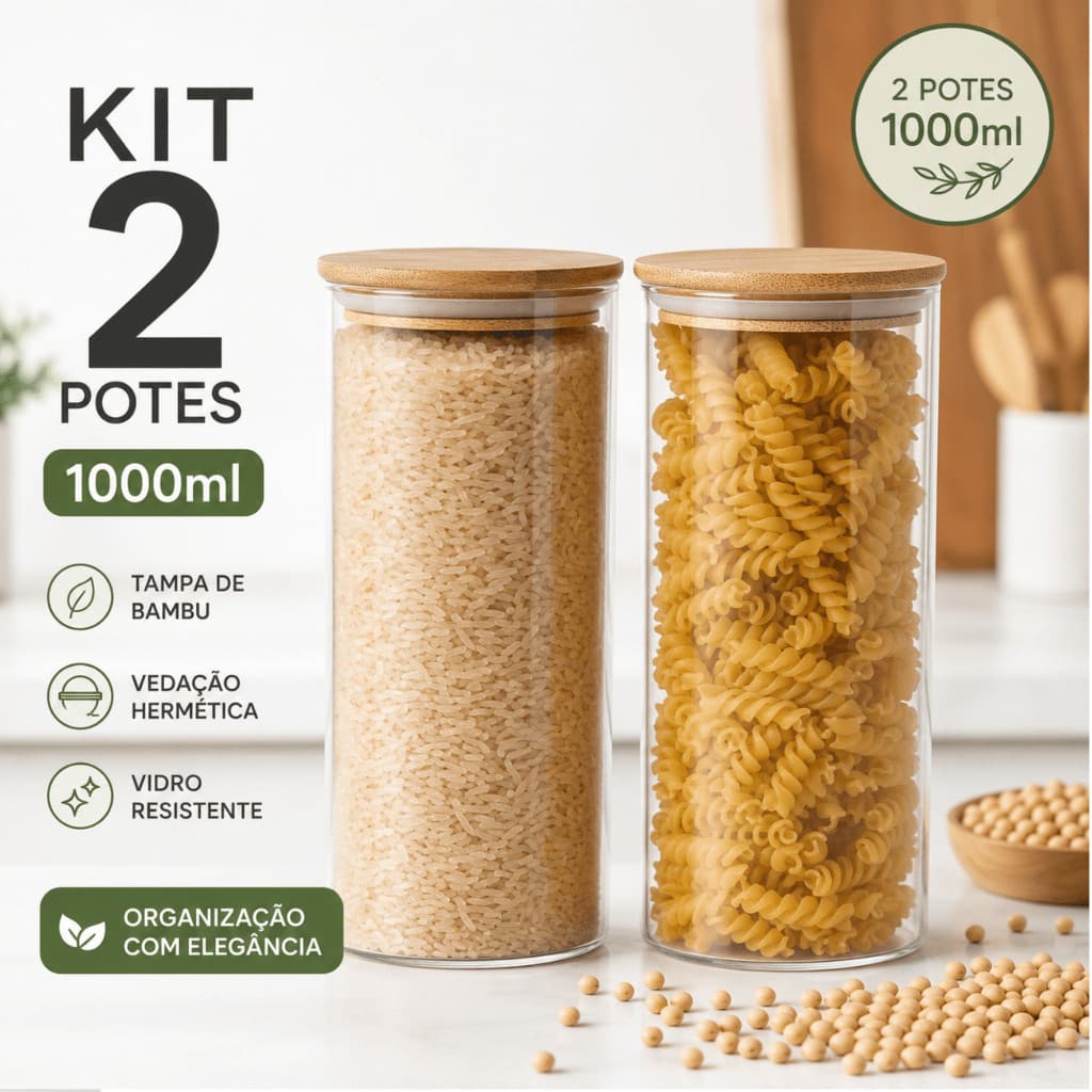 Kit 2 Potes de Vidro 1000ml Tampa de Bambu Hermetico Premium Redondo Mantimentos Tempero Alimentos