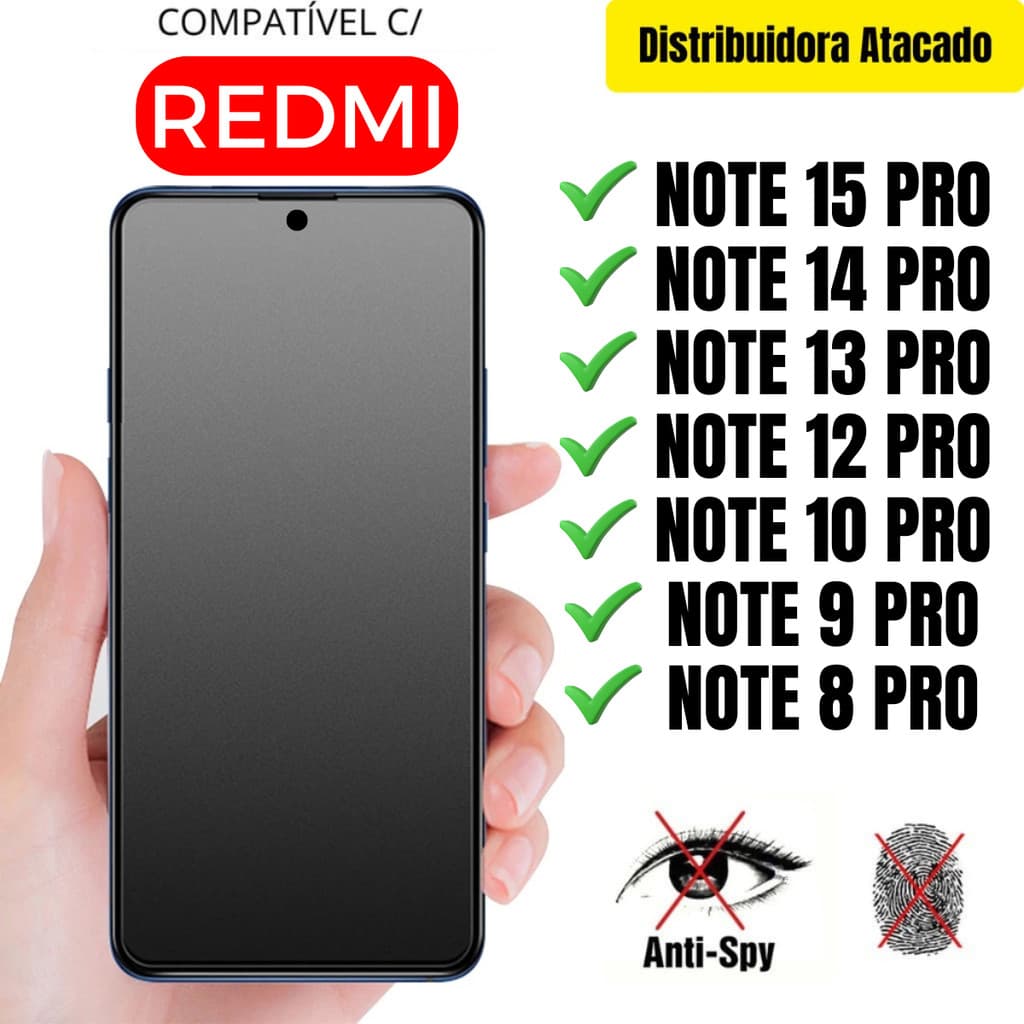 Película Cerâmica Privacidade Fosca 3D P/ Redmi Note 15 Pro / 13 Pro / 12 Pro / 11 Pro / 10 Pro / 9 Pro / 8 Pro AntiSpy