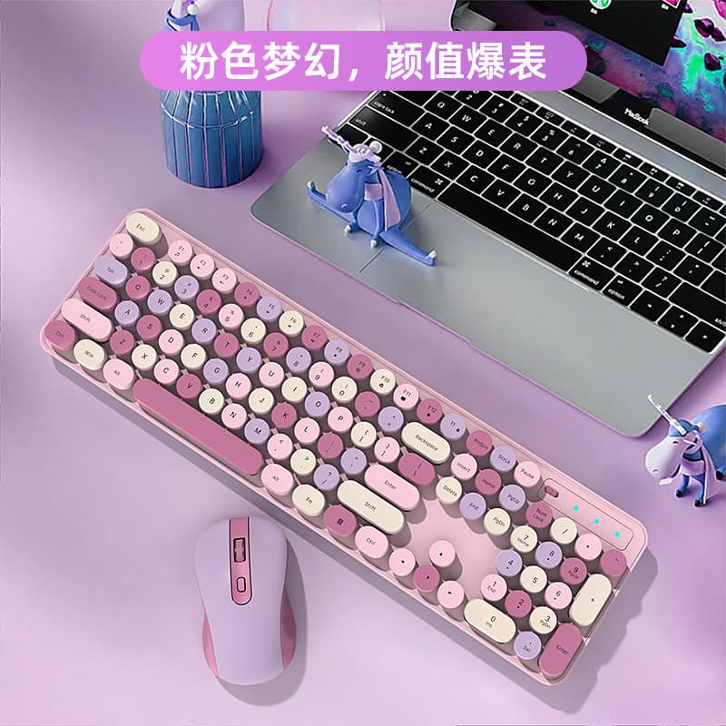 Conjunto de teclado e mouse sem fio rosa 2.4G Retro bonito teclado mouse conjunto de uma peça menina teclado de alto val