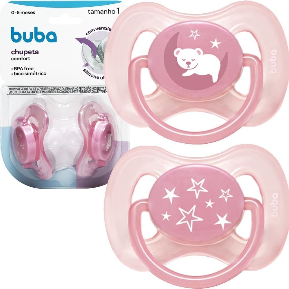 Kit 2 Chupetas Silicone Ultra Soft Conforto 0-18 Meses Recém-Nascido Bebê Rosa/Azul Buba