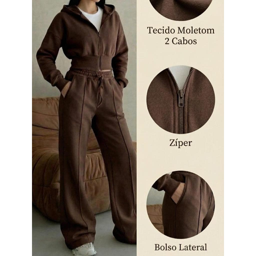 Conjunto Moletom Feminino cor MARROM blusa com capuz e zíper, calça longa P-M-G