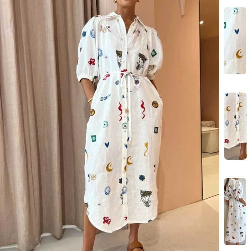 2026 primavera novo estilo feminino vestido transfronteiriço moda impressa rendas manga bufante vestido camisa