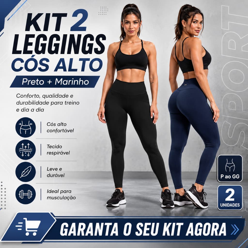 Kit 2 Legging Cós Alto Feminina Fitness Roupa de Academia Treino Preto Marinho