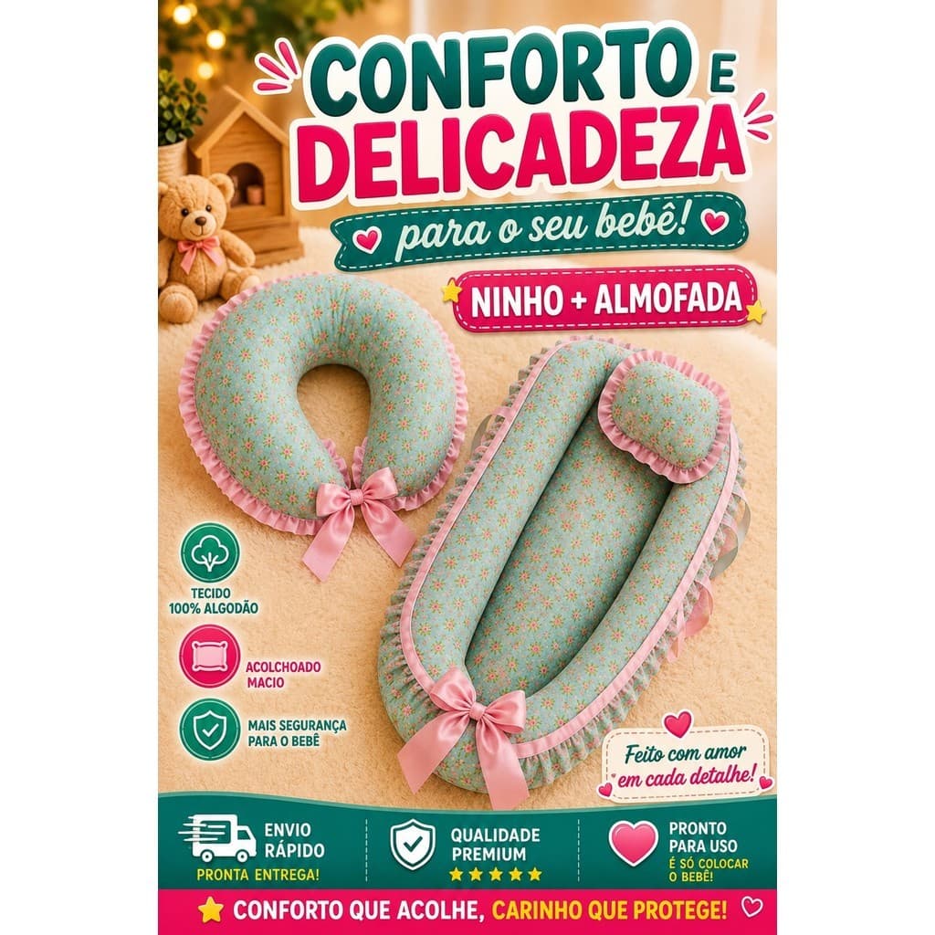 Ninho Redutor para Bebê Menina + Almofada de Amamentação Kit Enxoval Recém-Nascido RN Confortável