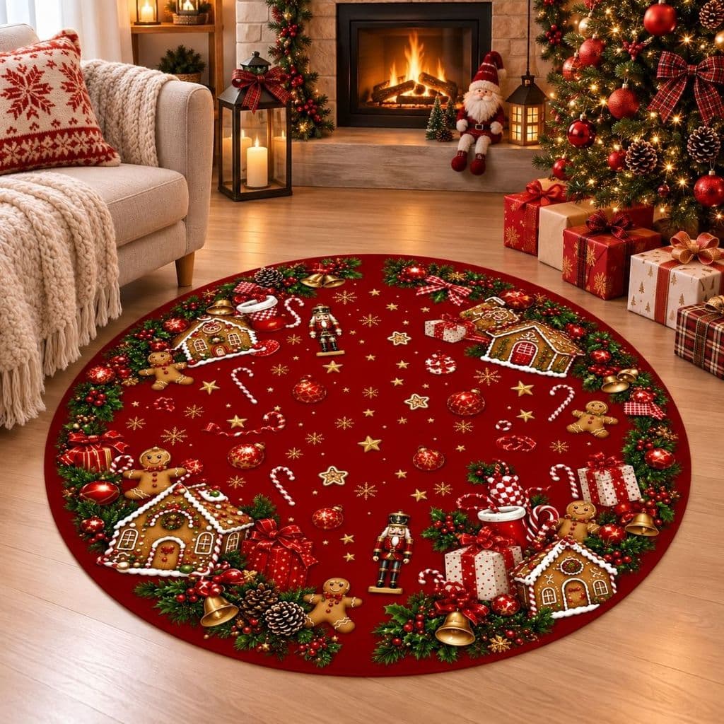 Tapete Redondo Decorativo Natal 88cm Antiderrapante para Sala e Quarto 2257