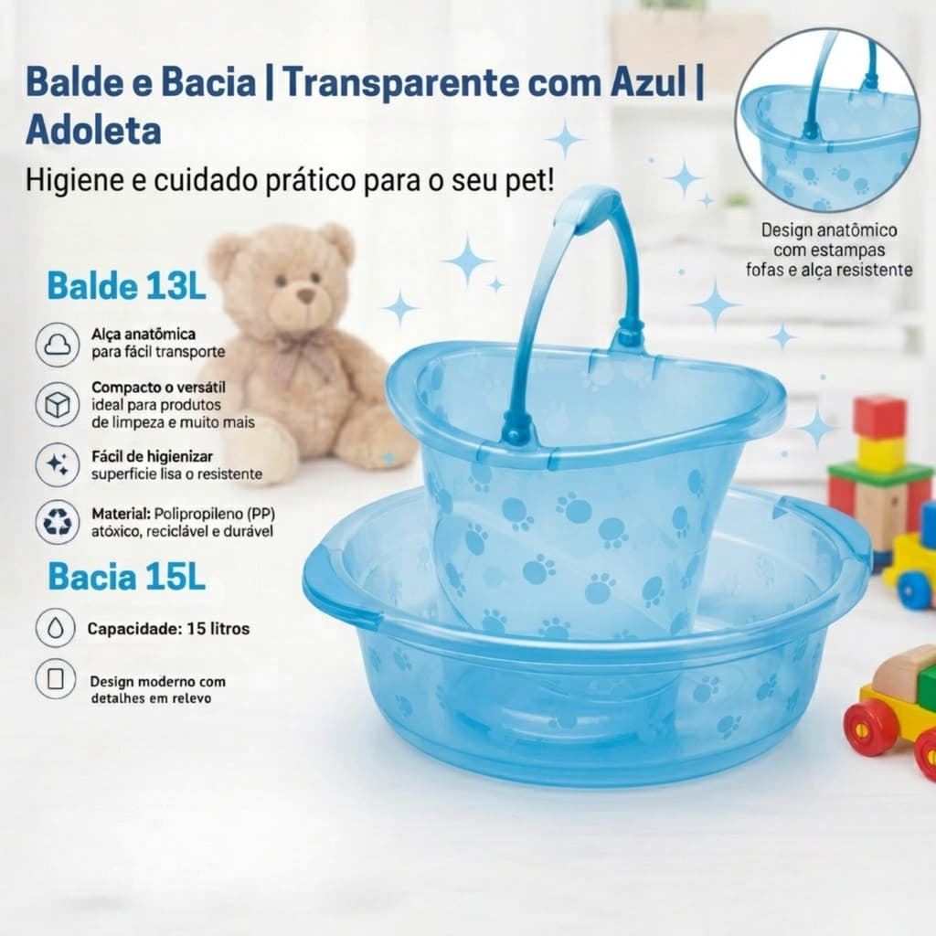 Kit Bacia 15L e Balde 13L  Adoleta | Azul Transparente | Alça Anatômica | Prático e Resistente