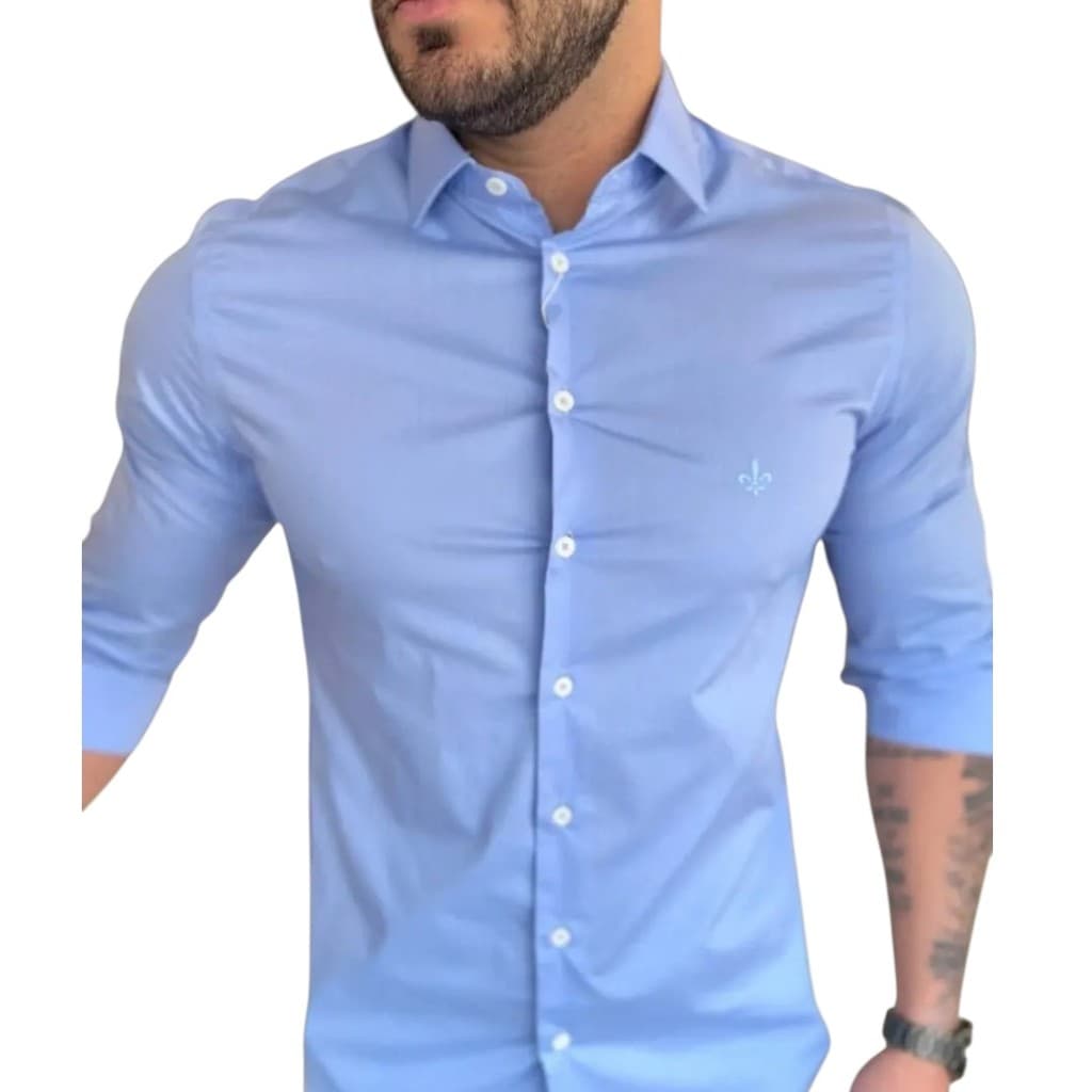 Camisa Social Masculina D Lisa Azul Medio - Camisa Casual D Masculina slim fit para eventos, casamento, festa, batismo