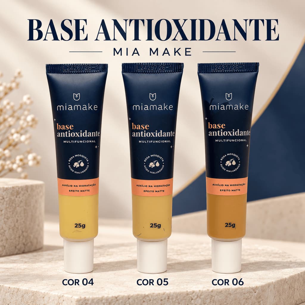 BASE MIA MAKE Líquida Antioxidante Multifuncional Efeito Matte com Ácido Hialurônico e Rosa Mosqueta 25g