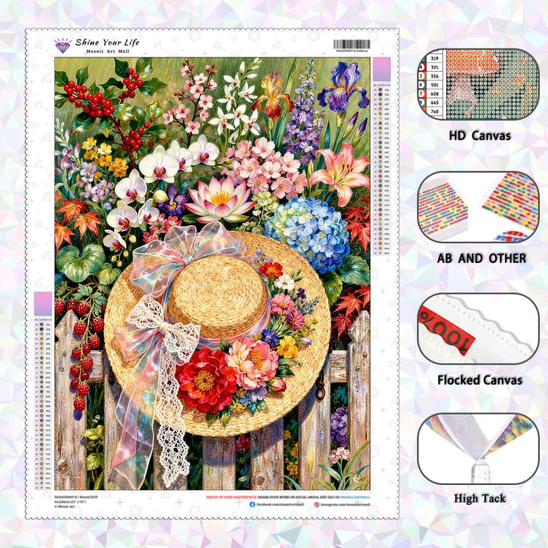 [PL Diamantes AB Atualizados + Tecido Flocado] Chapéu De Palha De Flor Rural Pintura De Diamante 5D DIY Artesanato Mosai