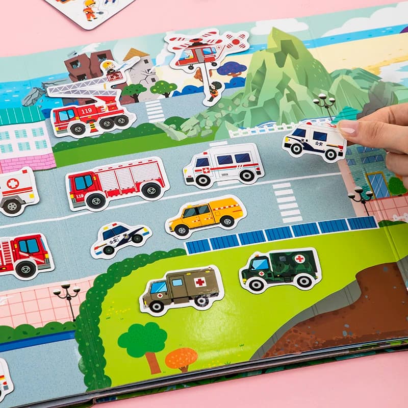 Transporte adesivos magnéticos carro polícia carro menino brinquedos crianças brinquedos educativos adesivos quebra-cabe