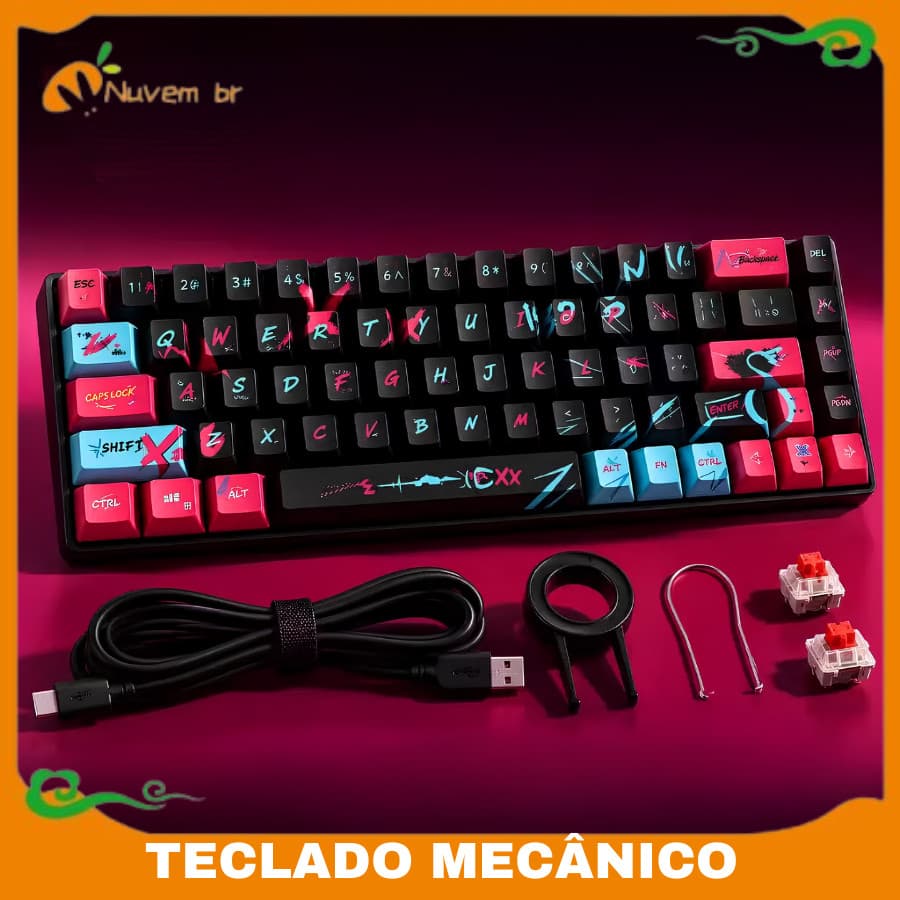 Teclado Mecânico Gamer 60% Sem Fio Bluetooth 2.4ghz Usb / Rgb Abnt2 Blackpink - NUVEM