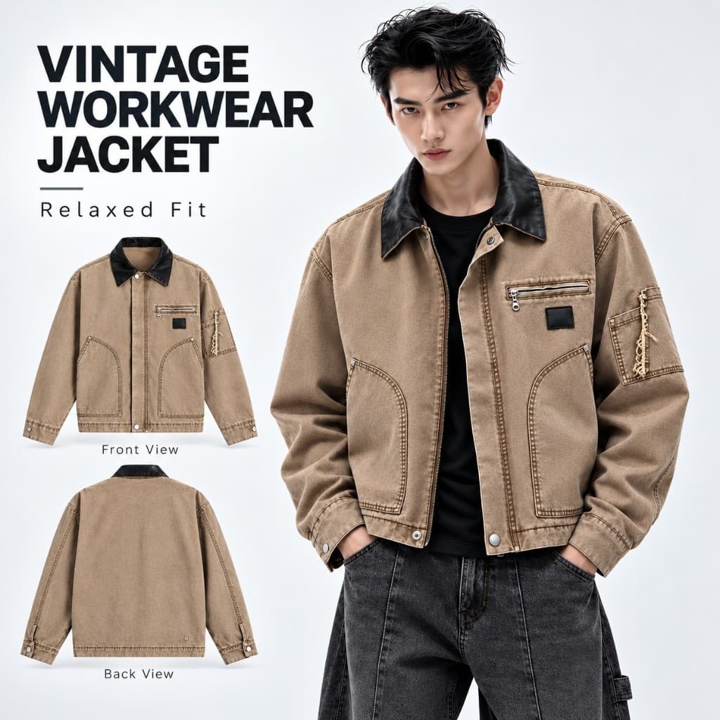 Jaqueta de trabalho masculina, estilo vintage, cor cáqui, corte folgado – jaqueta masculina casual com gola preta, taman