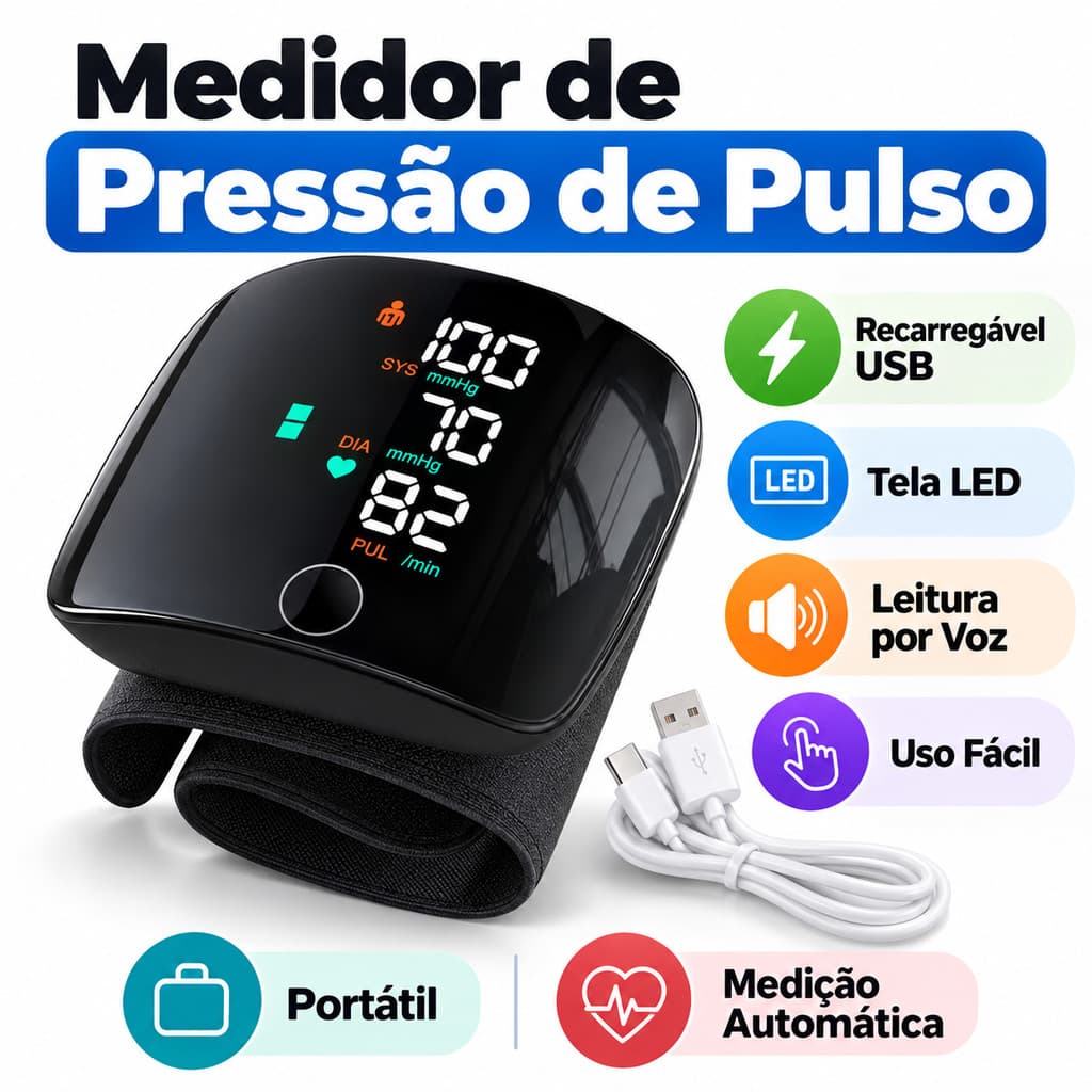 Aparelho de Pressão Digital de Pulso Automático Medidor Arterial com Tela LED Voz Inteligente Alta Precisão para Casa