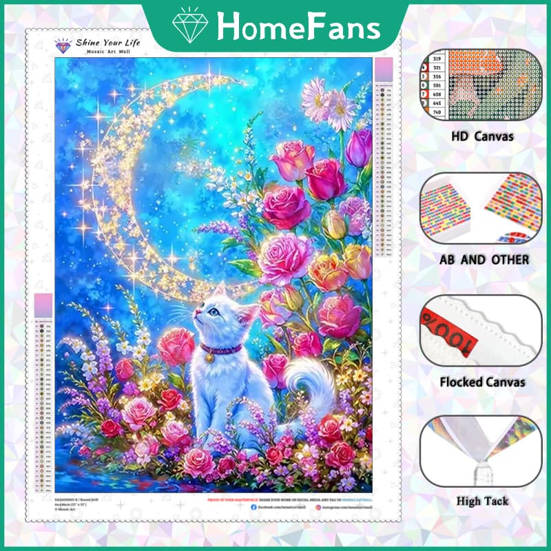 HF Atualizado Linda Flor Gato Branco Romântico Céu Noturno AB Broca Tecido Flocado DIY 5D Pintura Diamante Cheio De Bord