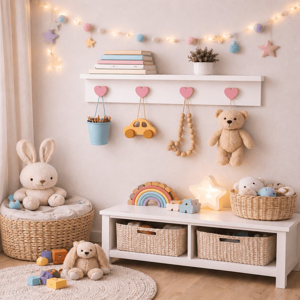 Cabideiro Gancho Prateleira Parede Infantil 30cm Estrela, Coração, Borboleta Suporte Mochilas Bolsas