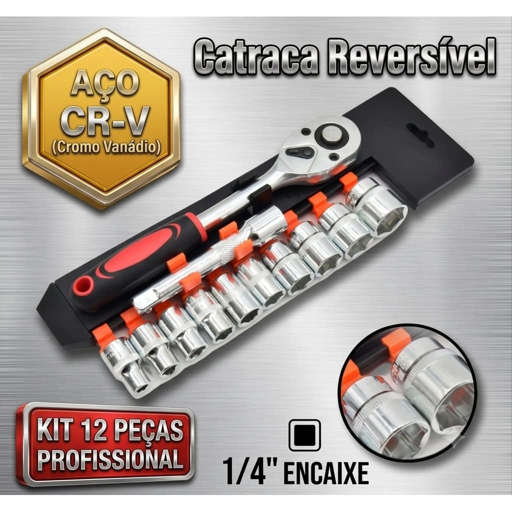 Jogo de Chave Catraca Reversível 1/4 Soquete Sextavado 12 Peças Aço Cr-V
