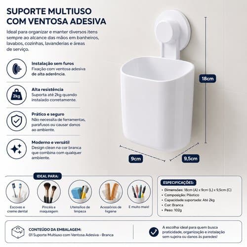 Suporte Multiuso com Ventosa Adesiva Branca Organizador Multiuso Banheiro Cozinha Lavanderia Oferta