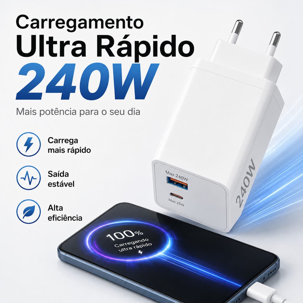 Carregador Ultra Rápido 240W USB+Tipo C Tomada Europeia Carregamento Rápido Saída Estável Alta para Celular Notebook