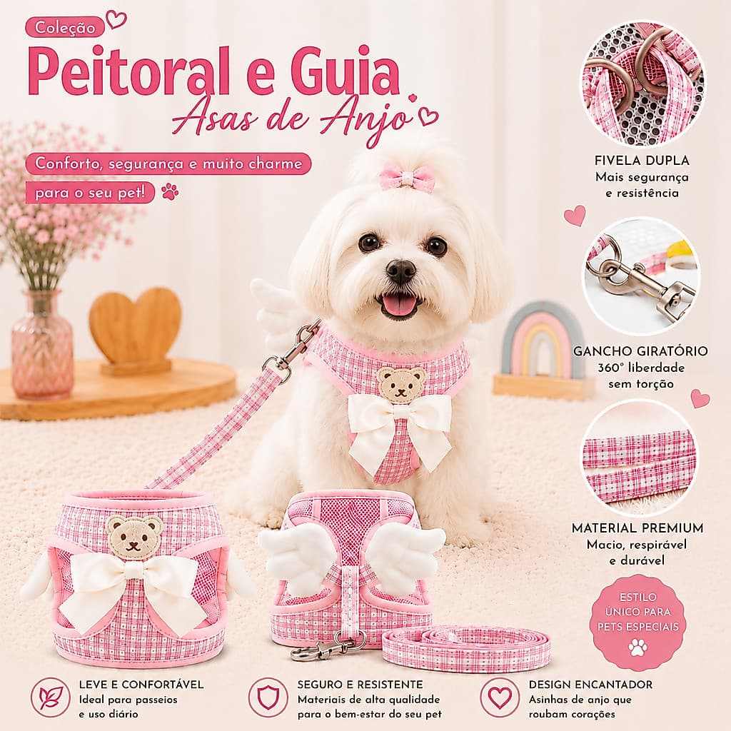 Coleira Peitoral Guia Cachorro e Gato Asas de Anjo Pequeno Médio Colete Pet Ajustável Confortável