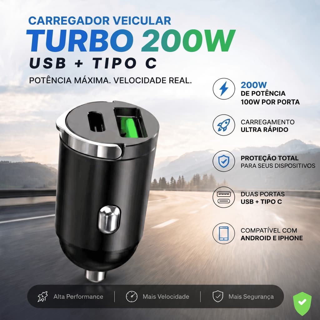Carregador Veicular para carro Turbo USB + Tipo C Carregamento Rápido Dual Porta 12V 24V