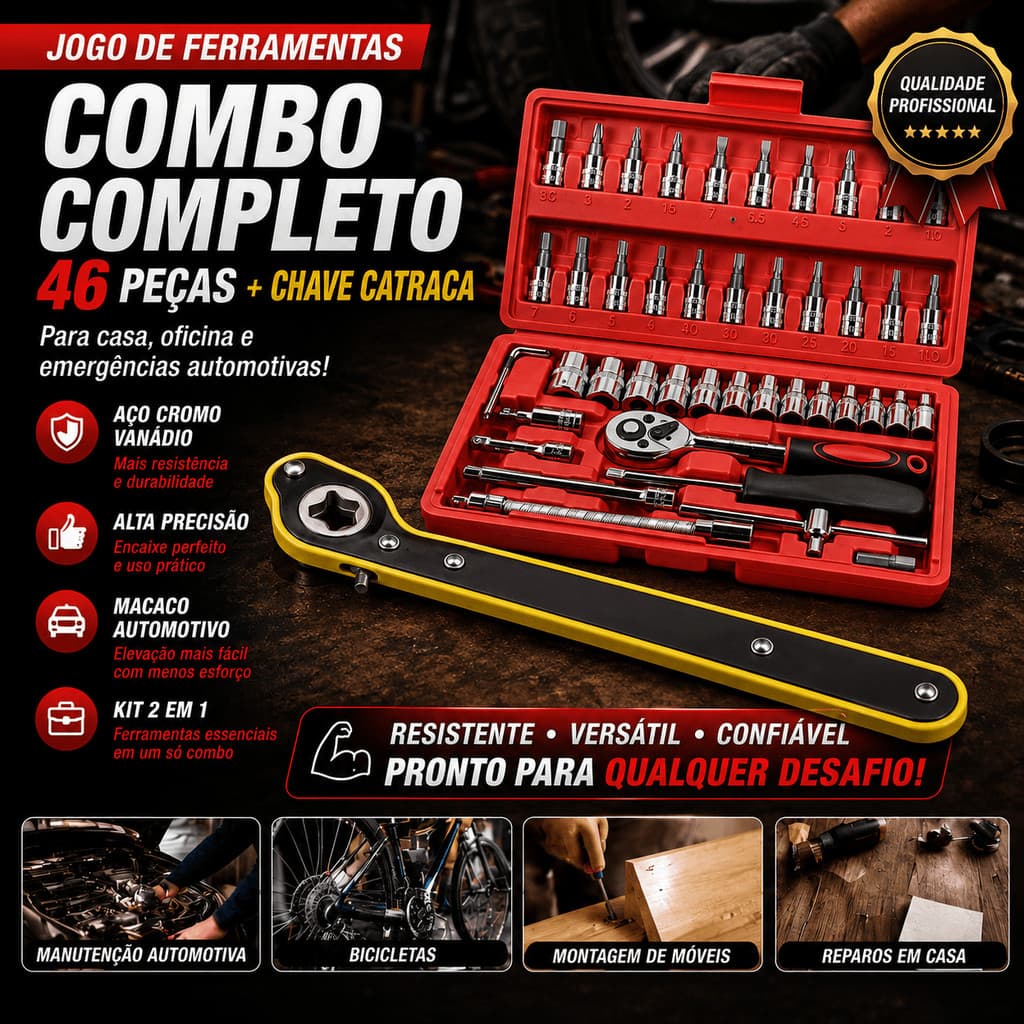 Kit De Ferramentas 46 Peças Jogo De Soquetes Chave Catraca Reversível Com Maleta + Adaptador Jack Universal Automotivo