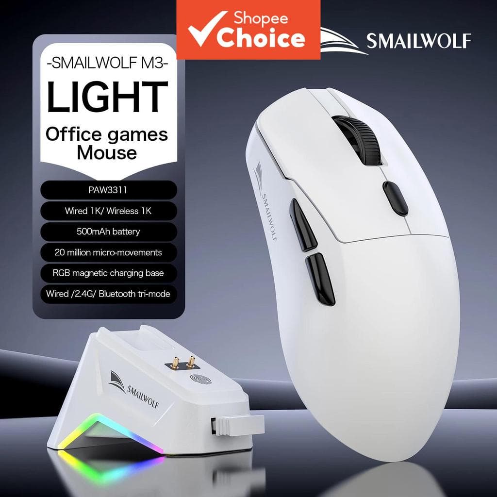 SMAILWOLF M3 Mouse Gaming Leve 3 Modos PAW3311 12000DPI 1000Hz Ergonômico Sem Fio Para PC Laptop Gamers